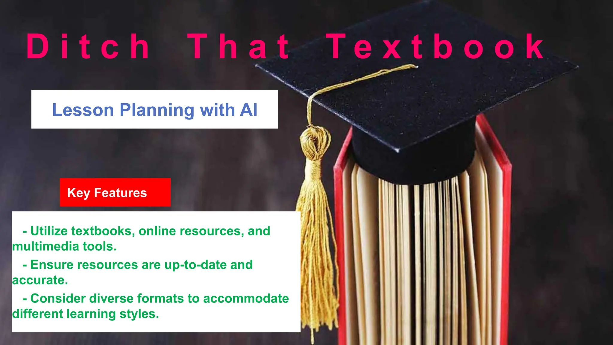 Lesson Planning with AI
Key Features
- Utilize textbooks, online resources, and
multimedia tools.
- Ensure resources are up-to-date and
accurate.
- Consider diverse formats to accommodate
different learning styles.
D i t c h T h a t T e x t b o o k
 