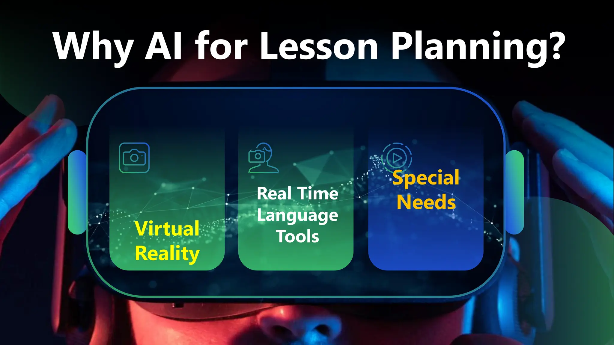 Why AI for Lesson Planning?
Virtual
Reality
Real Time
Language
Tools
Special
Needs
 