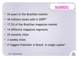 NUMBERS 24 years in the Brazilian market 44 millions issues sold in 2009** 17,5% of the Brazilian magazine market  14 different magazine segments 25 monthly titles 3 weekly titles 2ª biggest Publisher in Brazil  in single copies* *IVC **Internal datas 