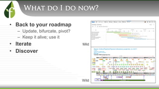 • Back to your roadmap
– Update, bifurcate, pivot?
– Keep it alive; use it
• Iterate
• Discover
Mild
Wild
 