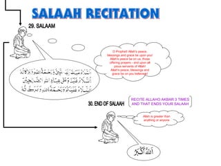 O Prophet! Allah's peace,
blessings and grace be upon you!
Allah's peace be on us, those
offering prayers - and upon all
pious servants of Allah!
Allah's peace, blessings and
grace be on you believers!
Allah is greater than
anything or anyone
RECITE ALLAHO AKBAR 3 TIMES
AND THAT ENDS YOUR SALAAH
 