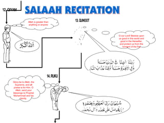 Allah is greater than
anything or anyone
Glory be to Allah, the
Supreme, and all
praise is for Him. O
Allah, send your
blessings to Prophet
Muhammad and his
family.
O our Lord! Bestow upon
us good in this world and
good in the Hereafter,
and protect us from the
torment of the fire
 