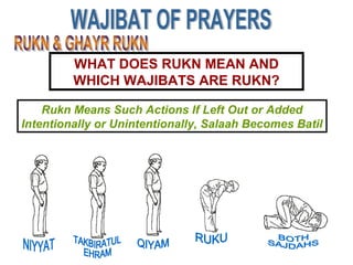 WHAT DOES RUKN MEAN AND
WHICH WAJIBATS ARE RUKN?
Rukn Means Such Actions If Left Out or Added
Intentionally or Unintentionally, Salaah Becomes Batil
 