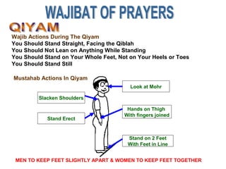 Wajib Actions During The Qiyam
You Should Stand Straight, Facing the Qiblah
You Should Not Lean on Anything While Standing
You Should Stand on Your Whole Feet, Not on Your Heels or Toes
You Should Stand Still
MEN TO KEEP FEET SLIGHTLY APART & WOMEN TO KEEP FEET TOGETHER
Stand Erect
Slacken Shoulders
Hands on Thigh
With fingers joined
Look at Mohr
Stand on 2 Feet
With Feet in Line
Mustahab Actions In Qiyam
 