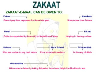 ZAKAAT-E-MAAL CAN BE GIVEN TO:
Poor stranded travellers
Fukara
Cannot pay their expenses for the whole year
Masakeen
State worse than Fukara
Hamil
Collector appointed by Imam (A) or Mujtahid-e-A'alam
Rikaab
Helping in freeing a slave
Non-Muslims
Who come to Islam by taking Zakaat or have been helpful to Muslims in war
Debtors
Who are unable to pay their debts
Fi Sabeelillah
In the way of Allah
Ibnus Sabeel
 