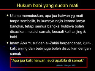 Hukum babi yang sudah mati Ulama memutuskan, apa jua haiwan yg mati tanpa sembelih, hukumnya najis kerana ianya bangkai, tetapi semua bangkai kulitnya boleh disucikan melalui samak, kecuali kulit anjing & babi  Imam Abu Yusuf dan al-Zahiri berpendapat, kulit-kulit anjing dan babi juga boleh disucikan dengan samak “ Apa jua kulit haiwan, suci apabila di samak” ( Muslim, bilangan 366 ) 