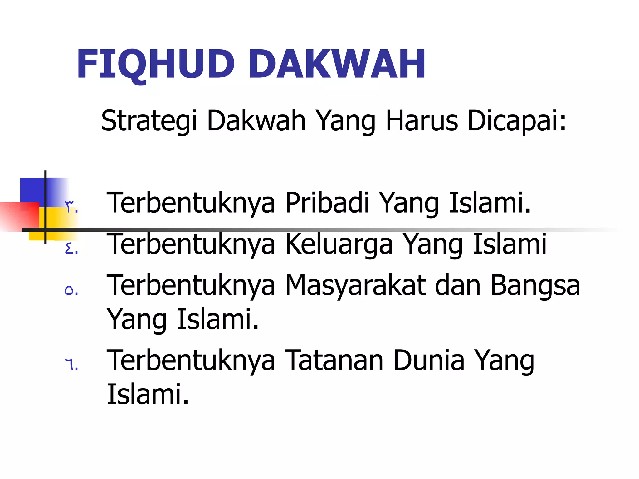 FIQHUD DAKWAH Strategi Dakwah Yang Harus Dicapai: Terbentuknya Pribadi Yang Islami. Terbentuknya Keluarga Yang Islami Terbentuknya Masyarakat dan Bangsa Yang Islami. Terbentuknya Tatanan Dunia Yang Islami.
