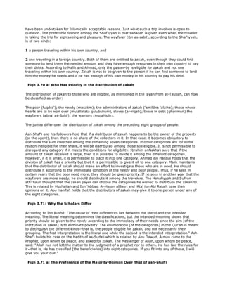 have been undertaken for Islamically acceptable reasons. Just what such a trip involves is open to
question. The preferable opinion among the Shaf'iyyah is that sadaqah is given even when the traveler
is taking the trip for sightseeing and pleasure. The wayfarer (ibn as-sabil), according to the Shaf'iyyah,
is of two kinds:
1 a person traveling within his own country, and
2 one traveling in a foreign country. Both of them are entitled to zakah, even though they could find
someone to lend them the needed amount and they have enough resources in their own country to pay
their debts. According to Malik and Ahmad, only the passer-by is eligible for zakah and not one
traveling within his own country. Zakah is not to be given to the person if he can find someone to lend
him the money he needs and if he has enough of his own money in his country to pay his debt.
Fiqh 3.70 a: Who Has Priority in the distribution of zakah
The distribution of zakah to those who are eligible, as mentioned in the 'ayah from at-Taubah, can now
be classified as under:
The poor (fuqdra'); the needy (rnasakm); the administrators of zakah ('amildna 'alaiha); those whose
hearts are to be won over (mu'allafatu qulubuhum), slaves (ar-riqab); those in debt (gharimun) the
wayfarers (abna' as-Sabil); the warriors (rnujahidln).
The jurists differ over the distribution of zakah among the preceding eight groups of people.
Ash-Shaf'i and his followers hold that if a distributor of zakah happens to be the owner of the property
(or the agent), then there is no share of the collectors in it. In that case, it becomes obligatory to
distribute the sum collected among the remaining seven categories. If other categories are for some
reason ineligible for their share, it will be distributed among those still eligible. It is not permissible to
disregard any category if it meets the conditions for eligibility. Ibrahim anNakha'i says that if the
amount of zakah received is large, then it is possible to divide it among the different categories.
However, if it is small, it is permissible to place it into one category. Ahmad ibn Hanbal holds that the
division of zakah has a priority but that it is permissible to give it all to one category. Malik maintains
that the distributor of zakah should make an effort to investigate those who are in need. He should
distribute it according to the immediate condition of the needy and poor people. Thus, if he sees in
certain years that the poor need more, they should be given priority. If he sees in another year that the
wayfarers are more needy, he should distribute it among the travelers. The Hanafiyyah and Sufyan
athThauri thought that the zakah payer can choose the categories he wished to distribute the zakah to.
This is related by Huzhaifah and Ibn 'Abbas. Al-Hasan alBasri and 'Ata' ibn Abi Rabah base their
opinions on it. Abu Hanifah holds that the distributors of zakah may give it to one person under any of
the eight categories.
Fiqh 3.71: Why the Scholars Differ
According to Ibn Rushd: "The cause of their differences lies between the literal and the intended
meaning. The literal meaning determines the classifications, but the intended meaning shows that
priority should be given to the needy according to the immediacy of their needs since the aim [of the
institution of zakah] is to eliminate poverty. The enumeration [of the categories] in the Qur'an is meant
to distinguish the different kinds--that is, the people eligible for zakah, and not necessarily their
grouping. The first interpretation is the literal one while the second is the intended interpretation." Ash-
Shaf'i builds his case on the hadith of as-Suda'i which is related by Abu Dawud. A man came to the
Prophet, upon whom be peace, and asked for zakah. The Messenger of Allah, upon whom be peace,
said: "Allah has not left the matter to the judgment of a prophet nor to others. He has laid the rules for
it--that is, He has classified [the beneficiaries] into eight categories. If you fit into any of these, I will
give you your due."
Fiqh 3.71 a: The Preference of the Majority Opinion Over That of ash-Shaf'i
 