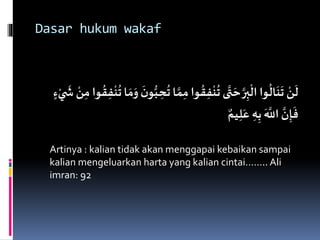 Dasar hukum wakaf
ِ‫م‬‫وا‬
ُ
‫ق‬ِ‫ف‬
ْ
‫ن‬
ُ
‫ت‬ ‫ى‬َّ‫ت‬ َ‫ح‬ َّ‫ر‬ِ‫ب‬
ْ
‫ال‬‫وا‬
ُ
‫ال‬
َ
‫ن‬
َ
‫ت‬ ْ‫ن‬
َ
‫ل‬‫وا‬
ُ
‫ق‬ِ‫ف‬
ْ
‫ن‬
ُ
‫ت‬‫ا‬ َ‫م‬َ‫و‬
َ
‫ن‬‫و‬ُّ‫ب‬ ِ‫ح‬
ُ
‫ت‬‫ا‬ َّ‫م‬ٍ‫ء‬ْ‫ي‬
َ
‫ش‬ ْ‫ن‬ِ‫م‬
‫يم‬ِ‫ل‬َ‫ع‬ ِ‫ه‬ِ‫ب‬
َ َّ‫اَّلل‬ َّ‫ن‬ِ‫إ‬
َ
‫ف‬
Artinya : kalian tidak akan menggapai kebaikan sampai
kalian mengeluarkan harta yang kalian cintai…….. Ali
imran: 92
 