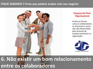 FIQUE SABENDO 7 Erros que podem acabar com seu negócio

                                                  Pesquisa de Clima
                                                   Organizacional

                                                 Analisa as formas
                                                 como os colaboradores
                                                 se relacionam e como
                                                 eles são influenciados
                                                 pelo conjunto de
                                                 variáveis existentes na
                                                 organização.




6. Não existir um bom relacionamento
entre os colaboradores
 