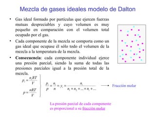 Mezcla de gases ideales modelo de Dalton
• Gas ideal formado por partículas que ejercen fuerzas
  mutuas despreciables y cuyo volumen es muy
  pequeño en comparación con el volumen total
  ocupado por el gas.
• Cada componente de la mezcla se comporta como un
  gas ideal que ocupase él sólo todo el volumen de la
  mezcla a la temperatura de la mezcla.
• Consecuencia: cada componente individual ejerce
  una presión parcial, siendo la suma de todas las
  presiones parciales igual a la presión total de la
  mezcla.
             ni RT
      pi =
               V     pi ni               ni
                       = = yi =                                Fracción molar
             nRT     p n        n1 + n2 + ... + ni + ...
       p=
              V

                       La presión parcial de cada componente
                       es proporcional a su fracción molar
 
