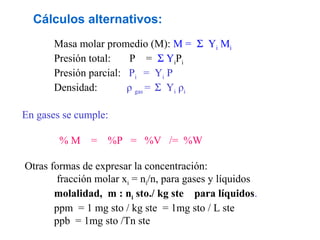 Cálculos alternativos:
       Masa molar promedio (M): M = Σ Yi Mi
       Presión total:    P = Σ YiPi
       Presión parcial: Pi = Yi P
       Densidad:        ρ gas = Σ Yi ρi

En gases se cumple:

        %M     = %P = %V /= %W

Otras formas de expresar la concentración:
        fracción molar xi = ni/n, para gases y líquidos
       molalidad, m : ni sto./ kg ste para líquidos.
       ppm = 1 mg sto / kg ste = 1mg sto / L ste
       ppb = 1mg sto /Tn ste
 