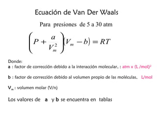 Ecuación de Van Der Waals
                Para presiones de 5 a 30 atm

                a 
            P + 2  (Vm − b ) = RT
           
               Vm 
                   
Donde:
a : factor de corrección debido a la interacción molecular, : atm x (L /mol)2

b : factor de corrección debido al volumen propio de las moléculas, L/mol

V m : volumen molar (V/n)

Los valores de a y b se encuentra en tablas
 
