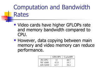 Computation and Bandwidth Rates Video cards have higher GFLOPs rate and memory bandwidth compared to CPU. However, data copying between main memory and video memory can reduce performance. 