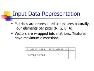 Input Data Representation Matrices are represented as textures naturally. Four elements per pixel (R, G, B, A). Vectors are wrapped into matrices. Textures have maximum dimensions. 
