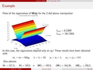 Dynamic models Euler-Lagrange model
Example
Plots of the eigenvalues of M(q) for the 2 dof planar manipulator
0
50
100
150
200
250
300
350
0
100
200
300
400
0
20
40
60
80
100
120
140
160
180
l
m
in = 6.2399
l
m
ax = 161.2601
q1 [deg]
Andamento autovalori minimo e massimo di M(q)
q2 [deg]
λmin = 6.2399
λmax = 161.2601
In this case, the eigenvalues depend only on q2! These results have been obtained
with:
m1 = m2 = 50kg; I1 = I2 = 10; a1 = a2 = 1; ac1 = ac2 = 0.5
One obtains
M1 = 117, 5, M2 = 192.5 e M 1 = 192.5, M 2 = 161.26, M ∞ = 192.5
C. Melchiorri (DEIS) Dynamic Model 53 / 65
 