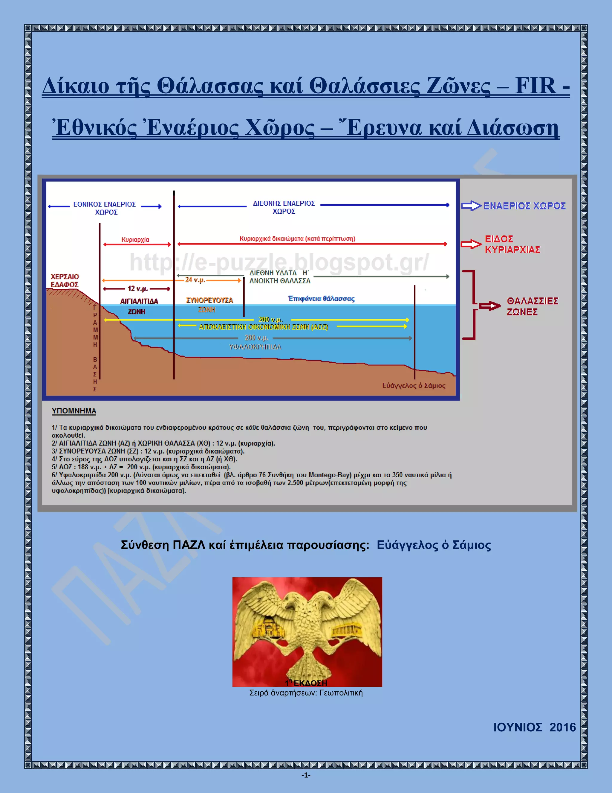 -1-
Δίκαιο τῆς Θάλασσας καί Θαλάσσιες Ζῶνες – FIR -
Ἐθνικός Ἐναέριος Χῶρος – Ἔρευνα καί Διάσωση
Σύνθεση ΠΑΖΛ καί ἐπιμέλεια παρουσίασης: Εὐάγγελος ὁ Σάμιος
1η
ΕΚΔΟΣΗ
Σειρά ἀναρτήσεων: Γεωπολιτική
ΙΟΥΝΙΟΣ 2016
 