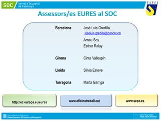 Assessors/es EURES al SOC
     Barcelona          José Luis Gredilla
                         joseluis.gredilla@gencat.cat
                        Arnau Soy
                        Esther Raluy


     Girona             Cinta Vallespín

     Lleida             Sílvia Esteve


     Tarragona          Marta Garriga



              www.oficinatreball.cat                    www.sepe.es
 