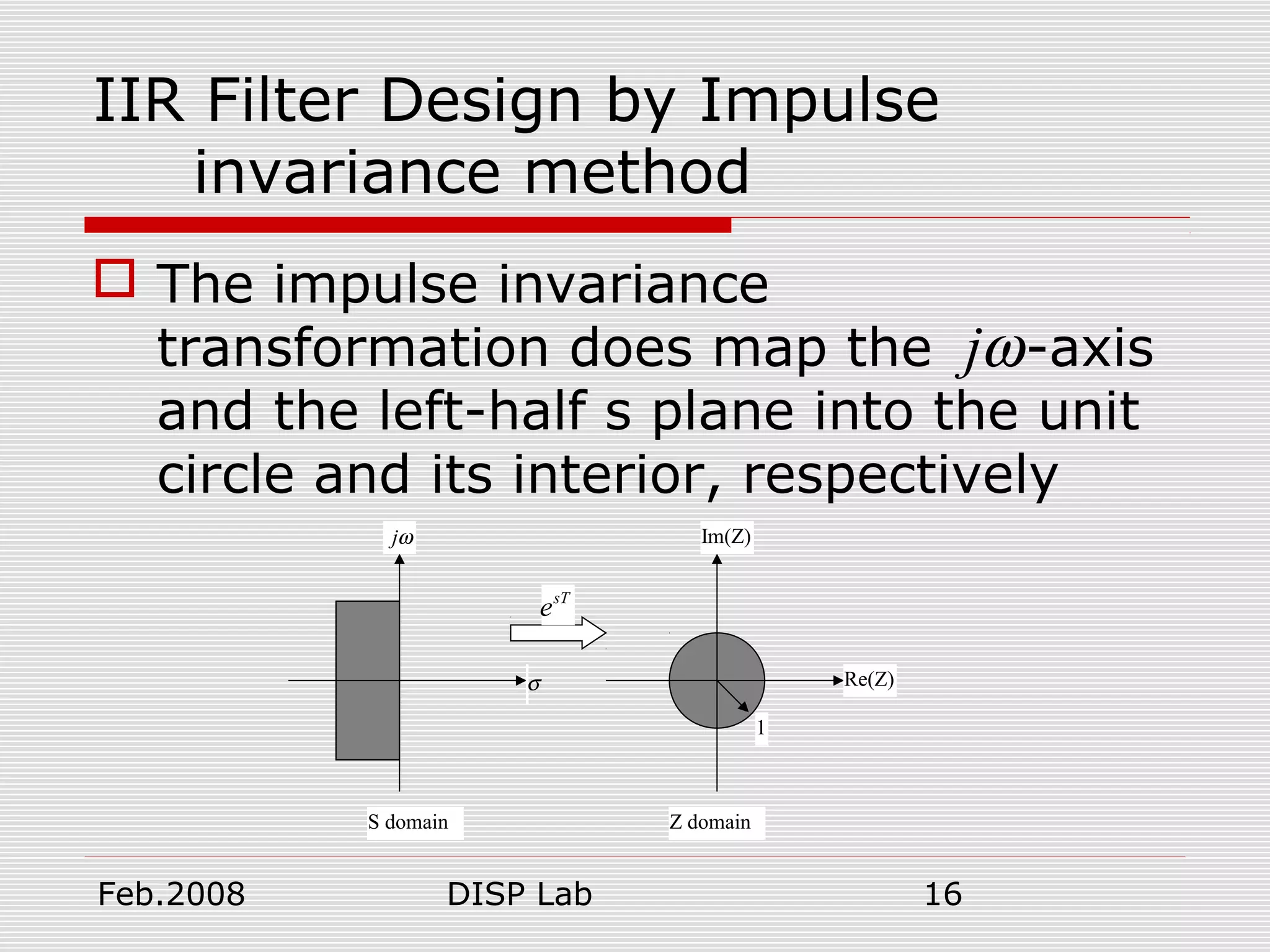 Feb.2008 DISP Lab 16
IIR Filter Design by Impulse
invariance method
 The impulse invariance
transformation does map the -axis
and the left-half s plane into the unit
circle and its interior, respectively
jω
Re(Z)
Im(Z)
1
S domain Z domain
sT
e
jω
σ
 