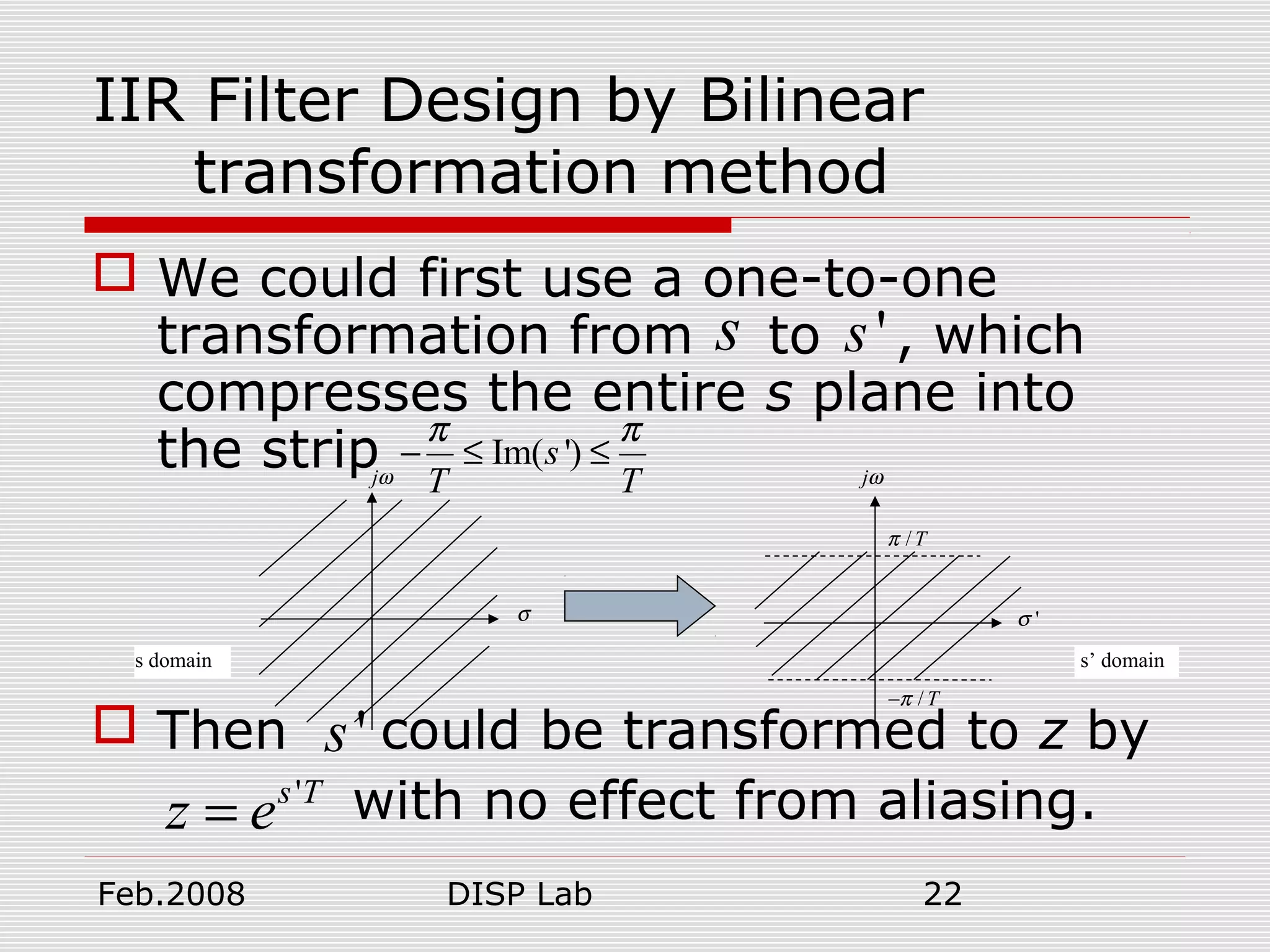 Feb.2008 DISP Lab 22
IIR Filter Design by Bilinear
transformation method
 We could first use a one-to-one
transformation from to , which
compresses the entire s plane into
the strip
 Then could be transformed to z by
with no effect from aliasing.
s 's
Im( ')s
T T
π π
− ≤ ≤
's
's T
z e=
σ
jω
'σ
jω
/Tπ−
/Tπ
s domain s’ domain
 