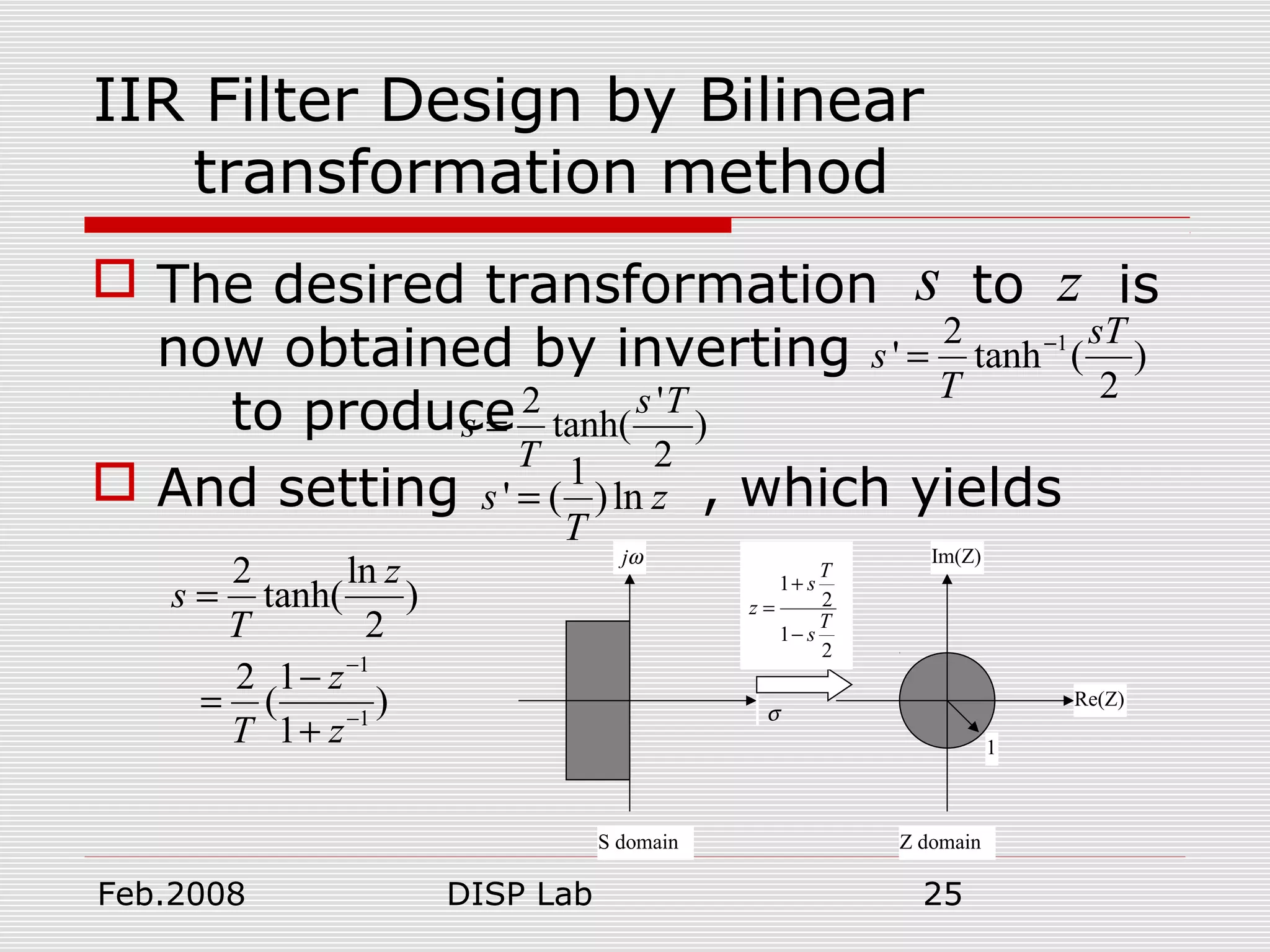 Feb.2008 DISP Lab 25
IIR Filter Design by Bilinear
transformation method
 The desired transformation to is
now obtained by inverting
to produce
 And setting , which yields
12
' tanh ( )
2
sT
s
T
−
=
2 '
tanh( )
2
s T
s
T
=
s z
1
' ( )lns z
T
=
2 ln
tanh( )
2
z
s
T
=
1
1
2 1
( )
1
z
T z
−
−
−
=
+
Re(Z)
Im(Z)
1
S domain Z domain
1
2
1
2
T
s
z
T
s
+
=
−
jω
σ
 