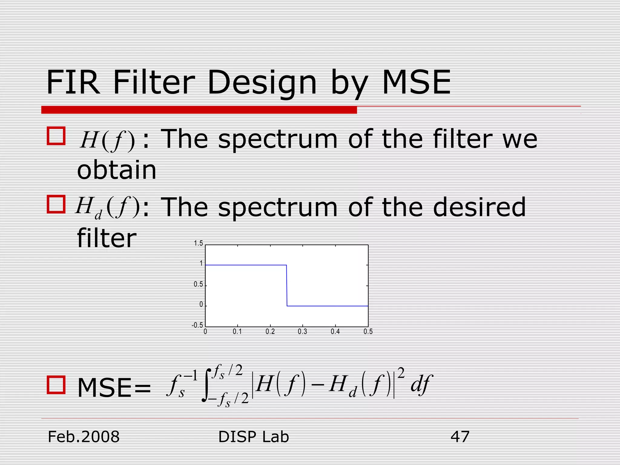 Feb.2008 DISP Lab 47
FIR Filter Design by MSE
 : The spectrum of the filter we
obtain
 : The spectrum of the desired
filter
 MSE=
( )H f
( )dH f
( ) ( )∫−
−
−
2/
2/
21 s
s
f
f ds dffHfHf
0 0.1 0.2 0.3 0.4 0.5
-0.5
0
0.5
1
1.5
 