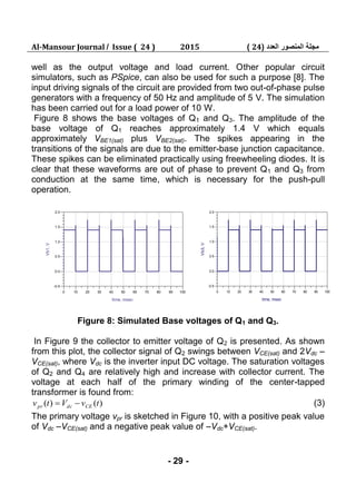 Al-Mansour Journal / Issue ( 24 ) 2015 ‫العدد‬ ‫المنصور‬ ‫مجلة‬(24)
- 29 -
well as the output voltage and load current. Other popular circuit
simulators, such as PSpice, can also be used for such a purpose [8]. The
input driving signals of the circuit are provided from two out-of-phase pulse
generators with a frequency of 50 Hz and amplitude of 5 V. The simulation
has been carried out for a load power of 10 W.
Figure 8 shows the base voltages of Q1 and Q3. The amplitude of the
base voltage of Q1 reaches approximately 1.4 V which equals
approximately VBE1(sat) plus VBE2(sat). The spikes appearing in the
transitions of the signals are due to the emitter-base junction capacitance.
These spikes can be eliminated practically using freewheeling diodes. It is
clear that these waveforms are out of phase to prevent Q1 and Q3 from
conduction at the same time, which is necessary for the push-pull
operation.
Figure 8: Simulated Base voltages of Q1 and Q3.
In Figure 9 the collector to emitter voltage of Q2 is presented. As shown
from this plot, the collector signal of Q2 swings between VCE(sat) and 2Vdc –
VCE(sat), where Vdc is the inverter input DC voltage. The saturation voltages
of Q2 and Q4 are relatively high and increase with collector current. The
voltage at each half of the primary winding of the center-tapped
transformer is found from:
)()( tvVtv CEdcpr  (3)
The primary voltage vpr is sketched in Figure 10, with a positive peak value
of Vdc –VCE(sat) and a negative peak value of –Vdc+VCE(sat).
10 20 30 40 50 60 70 80 900 100
0.0
0.5
1.0
1.5
-0.5
2.0
time, msec
Vb1,V
10 20 30 40 50 60 70 80 900 100
0.0
0.5
1.0
1.5
-0.5
2.0
time, msec
Vb3,V
 