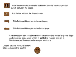 This Button will take you to the “Table of Contents” in which you can
switch between the pages
X

This Button will end the Presentation

This Button will take you to the next page

This Button will take you to the former page

Sometimes you can see some buttons which will take you to “a special page”.
And when you see a word written in bold style you can click on it.
Don’t worry you’ll understand when you see them.
Okay! If you are ready, let’s start!
Click on the smiling face! 

 