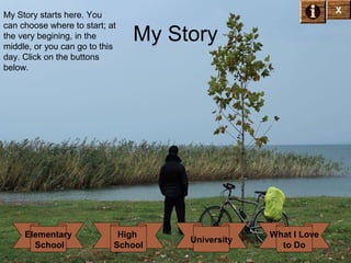 My Story starts here. You
can choose where to start; at
the very begining, in the
middle, or you can go to this
day. Click on the buttons
below.

Elementary
School

X

My Story

High
School

University

What I Love
to Do

 