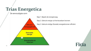 16
Trias Energetica
Stap 1. Beperk de energievraag ​
Stap 2. Gebruik energie uit hernieuwbare bronnen ​
Stap 3. Gebruik eindige (fossiele) energiebronnen efficiënt
De eenvoudigste vorm
 