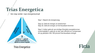 17
Trias Energetica
Stap 1. Beperk de energievraag​
Stap 2a. Gebruik energie uit reststromen ​
Stap 2b. Gebruik energie uit hernieuwbare bronnen ​
Stap 3. Indien gebruik van eindige (fossiele) energiebronnen
onvermijdelijk is, gebruik ze dan zeer efficiënt en compenseer
dit op jaarbasis met 100 procent hernieuwbare energie
Een stap verder: naar energieneutraal​
 