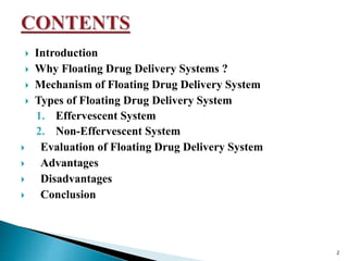  Introduction
 Why Floating Drug Delivery Systems ?
 Mechanism of Floating Drug Delivery System
 Types of Floating Drug Delivery System
1. Effervescent System
2. Non-Effervescent System
 Evaluation of Floating Drug Delivery System
 Advantages
 Disadvantages
 Conclusion
2
 