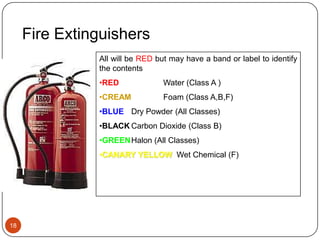 Fire Extinguishers18All will be RED but may have a band or label to identify the contentsRED		Water (Class A )