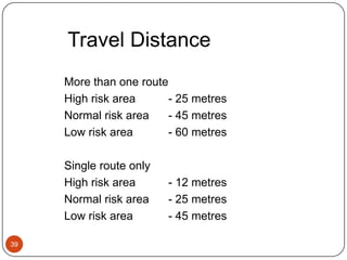 Means of Escape35Ideally, persons should be able to turn their backs on a fire a walk away to a place of safety.Escape in one direction is only acceptable in specific circumstances.Escape routes sufficiently separated by direction, space of fire resisting structure to enable at least one to be available.