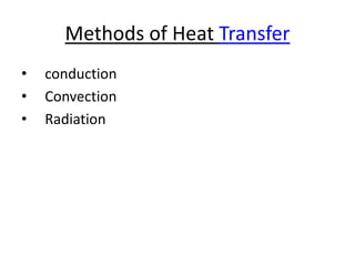 Methods of Heat Transfer
• conduction
• Convection
• Radiation
 