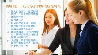 職場須知：成功必須具備的個性特質
1. 強大的自信心：愛因斯坦
曾說：「自信是向成功邁
出的第一步」
2. 超強執行力
3. 形成自己的風格：例如：
總是能在約定的時間前，
完成上級交代的工作
4. 團隊意識強 ：現今的社會
中，團隊的戰鬥力遠遠超
過單人的戰鬥力。
5. 人緣好：不管什麼事情，
都是主動幫助別人；能跟
同事們打成一片
21
 