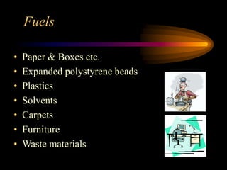 Fuels
• Paper & Boxes etc.
• Expanded polystyrene beads
• Plastics
• Solvents
• Carpets
• Furniture
• Waste materials
 