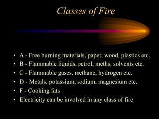 Classes of Fire
• A - Free burning materials, paper, wood, plastics etc.
• B - Flammable liquids, petrol, meths, solvents etc.
• C - Flammable gases, methane, hydrogen etc.
• D - Metals, potassium, sodium, magnesium etc.
• F - Cooking fats
• Electricity can be involved in any class of fire
 