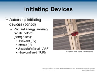 Initiating Devices
• Automatic initiating
devices (cont’d)
– Radiant energy sensing
fire detectors
(categories):
• Ultraviolet (UV)
• Infrared (IR)
• Ultraviolet/infrared (UV/IR)
• Infrared/infrared (IR/IR)
© A. Maurice Jones, Jr./Jones & Bartlett Learning
 