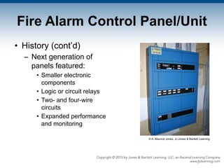 Fire Alarm Control Panel/Unit
• History (cont’d)
– Next generation of
panels featured:
• Smaller electronic
components
• Logic or circuit relays
• Two- and four-wire
circuits
• Expanded performance
and monitoring
© A. Maurice Jones, Jr./Jones & Bartlett Learning
 