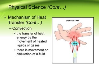 Physical Science (Cont…)
• Mechanism of Heat
Transfer (Cont…)
– Convection
• the transfer of heat
energy by the
movement of heated
liquids or gases
• there is movement or
circulation of a fluid
 