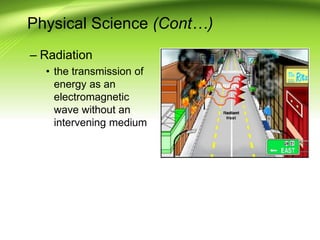 Physical Science (Cont…)
– Radiation
• the transmission of
energy as an
electromagnetic
wave without an
intervening medium
 