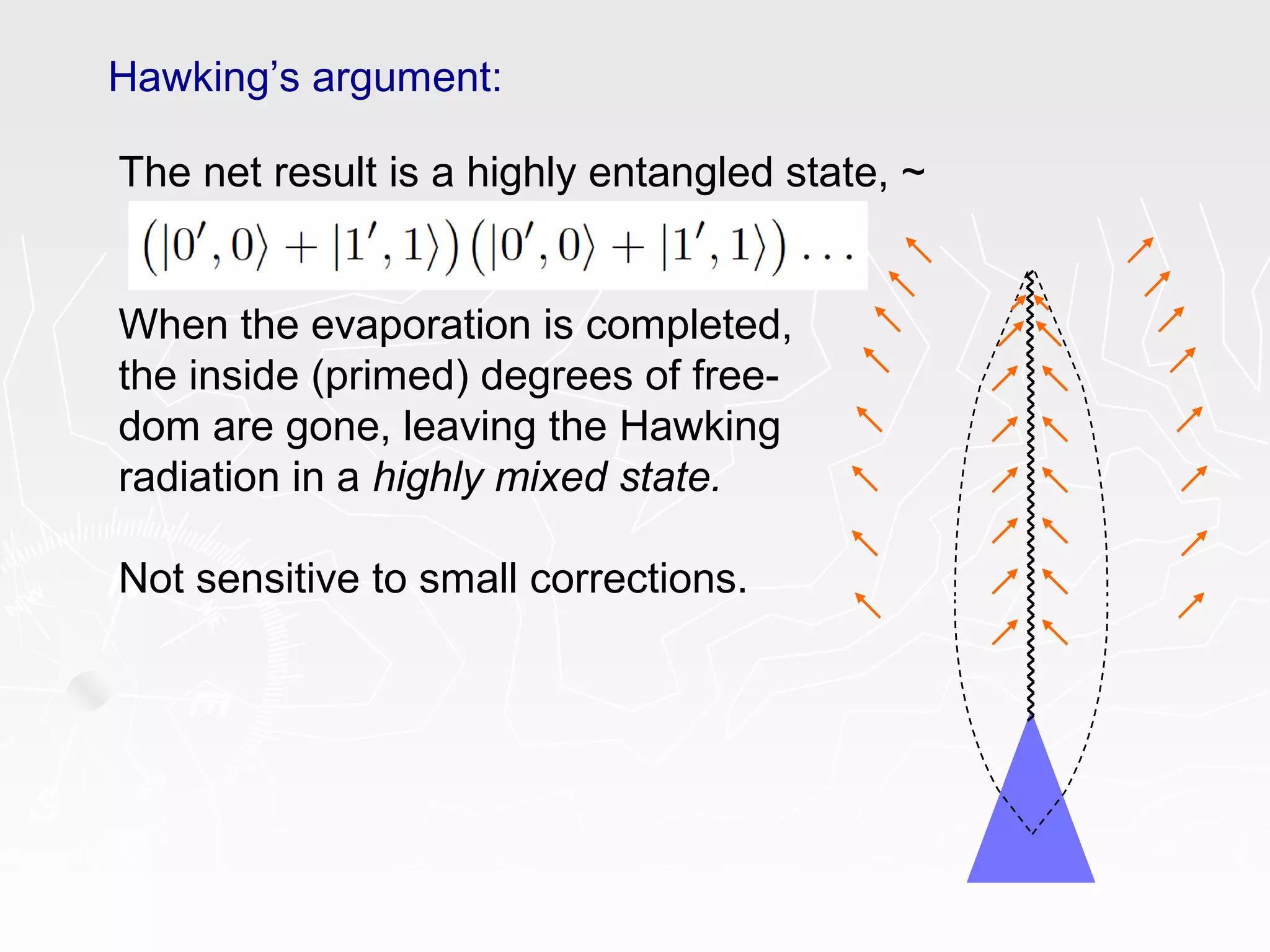 Hawking’s argument:
The net result is a highly entangled state, ~
When the evaporation is completed,
the inside (primed) degrees of free-
dom are gone, leaving the Hawking
radiation in a highly mixed state.
Not sensitive to small corrections.
 