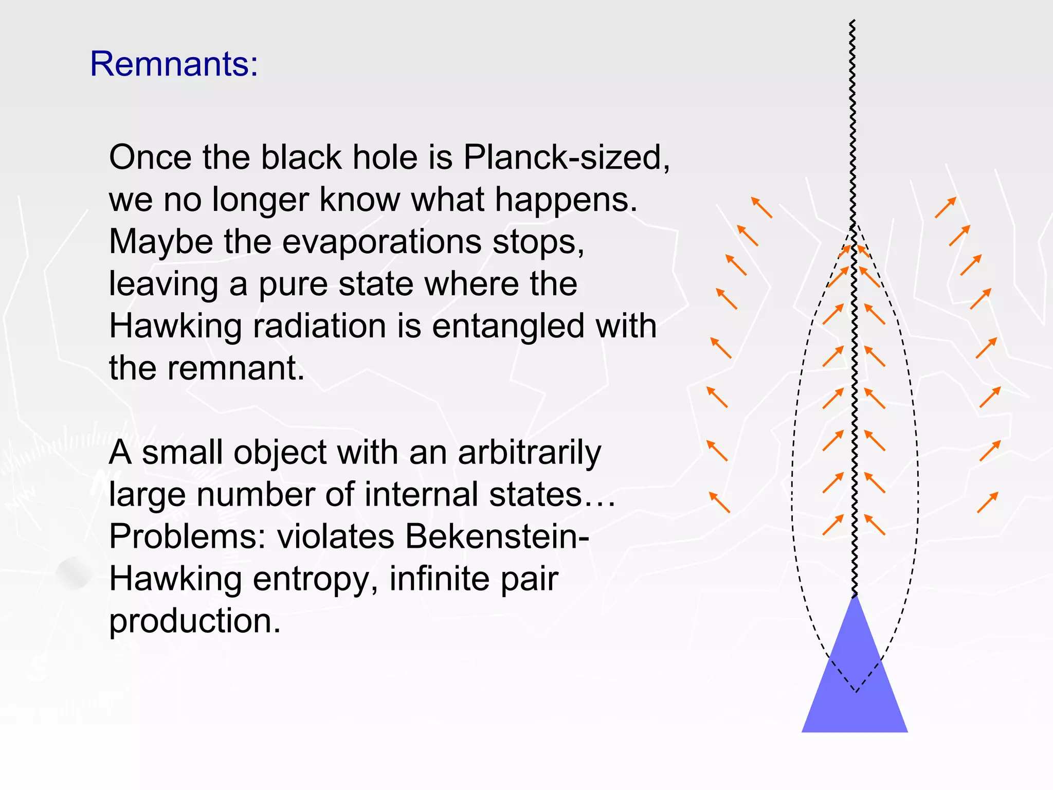 Remnants:
Once the black hole is Planck-sized,
we no longer know what happens.
Maybe the evaporations stops,
leaving a pure state where the
Hawking radiation is entangled with
the remnant.
A small object with an arbitrarily
large number of internal states…
Problems: violates Bekenstein-
Hawking entropy, infinite pair
production.
 