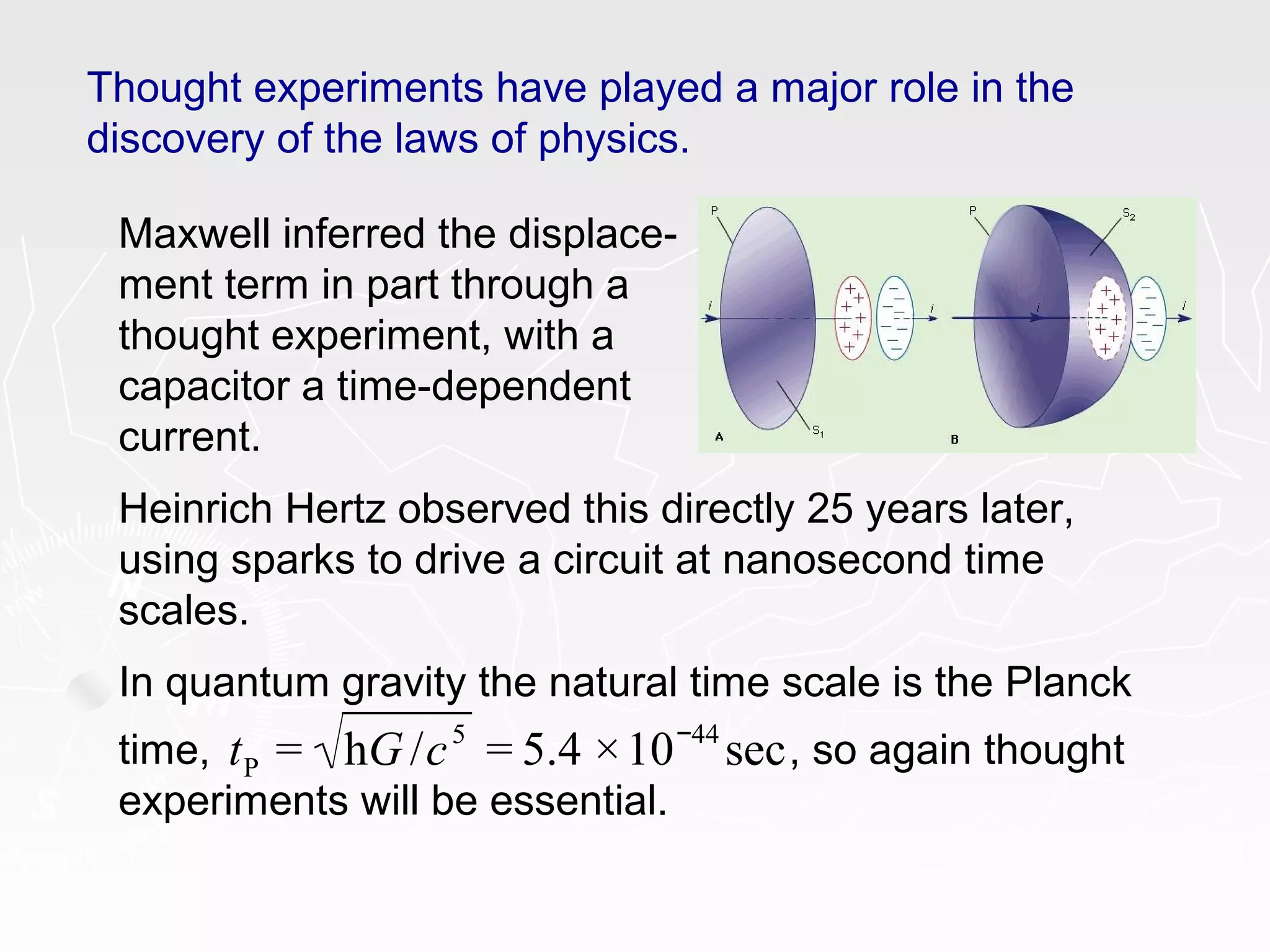 Thought experiments have played a major role in the
discovery of the laws of physics.
Maxwell inferred the displace-
ment term in part through a
thought experiment, with a
capacitor a time-dependent
current.
Heinrich Hertz observed this directly 25 years later,
using sparks to drive a circuit at nanosecond time
scales.
In quantum gravity the natural time scale is the Planck
time, , so again thought
experiments will be essential.
tP = hG /c5
= 5.4 ×10−44
sec
 
