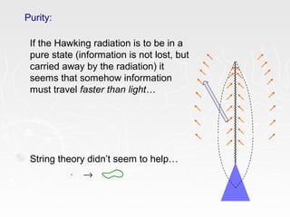 Purity:
If the Hawking radiation is to be in a
pure state (information is not lost, but
carried away by the radiation) it
seems that somehow information
must travel faster than light…
String theory didn’t seem to help…
. →
 