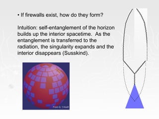 • If firewalls exist, how do they form?
Intuition: self-entanglement of the horizon
builds up the interior spacetime. As the
entanglement is transferred to the
radiation, the singularity expands and the
interior disappears (Susskind).
From G. ‘t Hooft
 