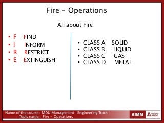 Fire - Operations
Fire - Operations
• F FIND
• I INFORM
• R RESTRICT
• E EXTINGUISH
• CLASS A SOLID
• CLASS B LIQUID
• CLASS C GAS
• CLASS D METAL
All about Fire
 