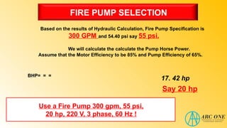 FIRE PUMP SELECTION
Based on the results of Hydraulic Calculation, Fire Pump Specification is
300 GPM and 54.40 psi say 55 psi.
BHP= = =
We will calculate the calculate the Pump Horse Power.
Assume that the Motor Efficiency to be 85% and Pump Efficiency of 65%.
17. 42 hp
Say 20 hp
Use a Fire Pump 300 gpm, 55 psi,
20 hp, 220 V, 3 phase, 60 Hz !
 