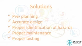  Pre- planning
 Accurate design
 Proper identification of hazards
 Proper maintenance
 Proper testing
Solutions
 